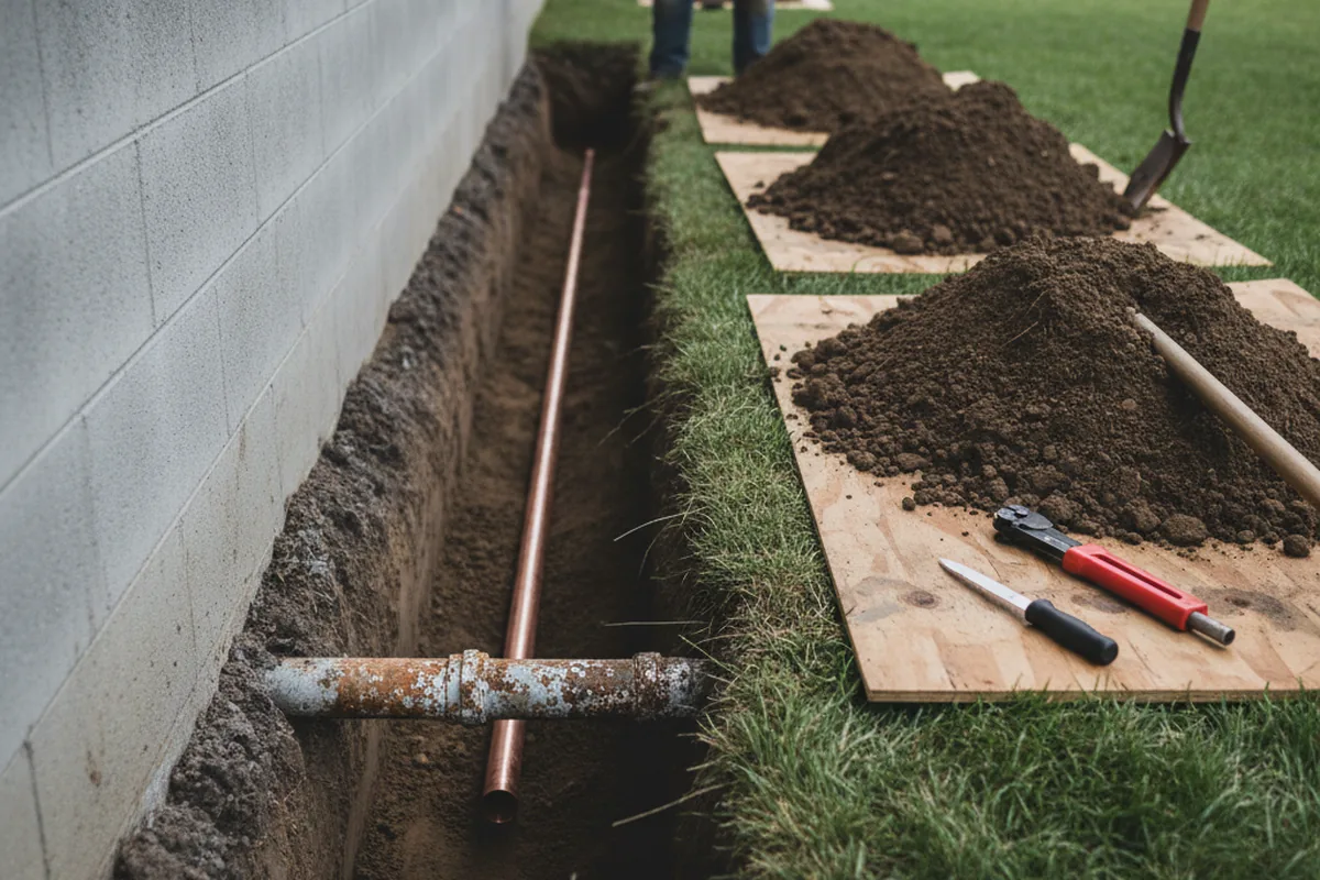 Excavated water line trench during Water Heater Repair in Elsberry